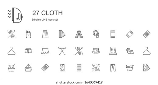 cloth icons set. Collection of cloth with jeans, sewing, beach towel, laundry, thimble, pants, iron table, skirt, shorts, hanger, washing, jacket. Editable and scalable cloth icons.