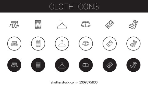cloth icons set. Collection of cloth with pants, beach towel, hanger, shorts, sock. Editable and scalable cloth icons.