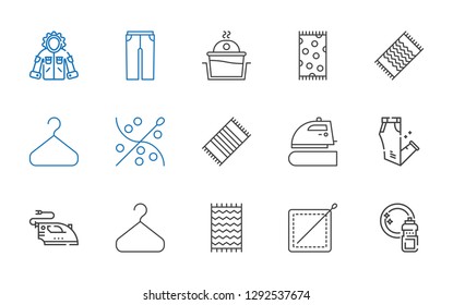 cloth icons set. Collection of cloth with washing, sewing, beach towel, hanger, iron, trousers, laundry, jacket. Editable and scalable cloth icons.