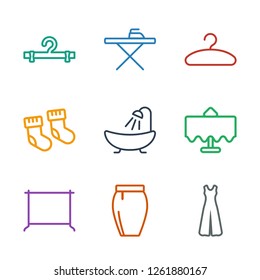 cloth icons. Trendy 9 cloth icons. Contain icons such as jumpsuit, skirt, hanger, restaurant table, shower, baby socks, ironing table. cloth icon for web and mobile.
