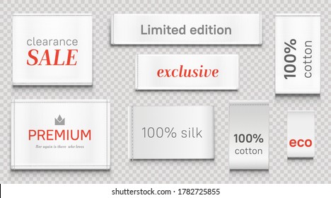 Cloth labels for apparel, premium brand white tags with crown symbol, limited edition textile badges, isolated silk and cotton eco fabric clothing, clearance sale, Realistic 3d vector illustration