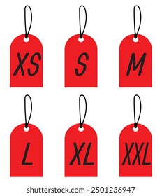 Cloth labels with size for apparel, brand tags S, L, M, XL symbols, textile badges with seams and fabric texture. Clothing isolated on white background Realistic vector illustration in eps 10.