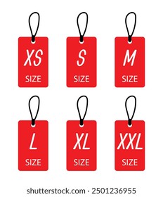 Cloth labels with size for apparel, brand tags S, L, M, XL symbols, textile badges with seams and fabric texture. Clothing isolated on white background Realistic vector illustration in eps 10.