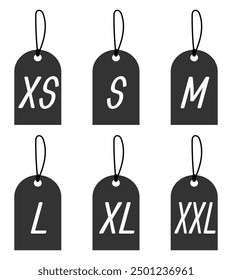 Cloth labels with size for apparel, brand tags S, L, M, XL symbols, textile badges with seams and fabric texture. Clothing isolated on white background Realistic vector illustration in eps 10.