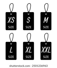 Cloth labels with size for apparel, brand tags S, L, M, XL symbols, textile badges with seams and fabric texture. Clothing isolated on white background Realistic vector illustration in eps 10.