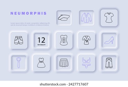 Cloth line icon set. Beret, jacket, coat, shorts, corset, robe, jeans, heels, skirt.. Neomorphism style. Vector line icon for business and advertising