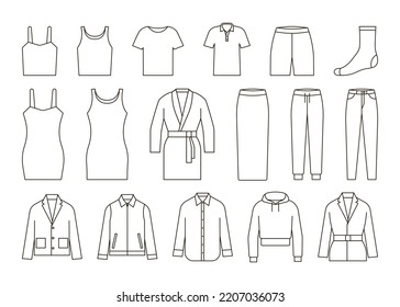 Cloth line icon set. Underwear and outerwear. Shirt, sock, jeans, coat, jacket, pants, dress. Short and long sleeve. Outline template, mockup in front view. Vector illustration