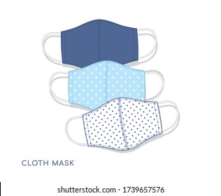 Cloth mask blue set. Handmade fabric mask White, Blue and Navy blue illustration. Protection cloth mask. Covid-19