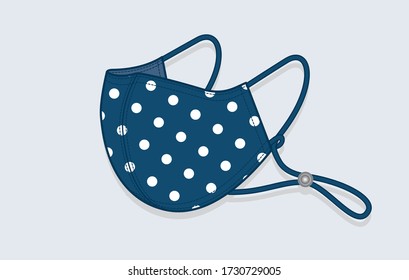 Cloth Mask To Cover The Virus, Covid 19 Navy Blue And White Polka Dots. Hand Made From Natural Cotton. Face Mask Cute.