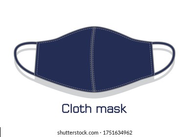 Cloth mask is made of navy blue cotton on white background. Homemade protective fack mask. Front mask illustration.