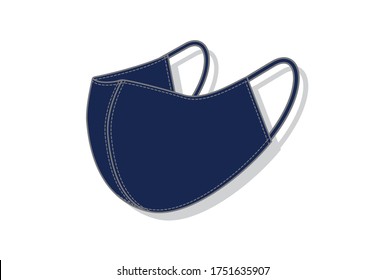 Cloth mask is made of navy blue cotton on white background. Homemade protective fack mask. Side mask illustration.