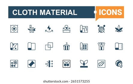 Ícone da linha de Material do Pano. Contém ícones como tecido, industrial, fibra, tecido e muito mais. Coleção de ícones lineares do Material de Tecido. Pacote de ícones da Web. Traço editável de linha sólida.