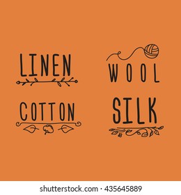 cloth (materials) logo set - linnen, cotton, wool, silk; hand-drawn elements; vector