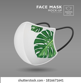 Cloth monstera leaf face mask , side view, design isolated on gray background, Eps 10 vector illustration