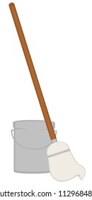 Cloth mop leaning on a cleaning bucket.  Ready to mop!  Vector art.  Background is transparent in vector file and white in jpeg file.