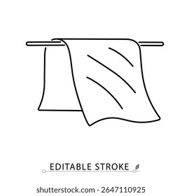 A cloth on bar icon in minimalist style with editable stroke. Hanging fabric, drying textile, household cleaning, laundry element, towel or rag, clothing care, outline object