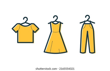 Cloth on hanger collection. T-shirt Dress Trousers line icon. Vector