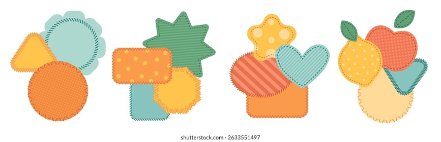 Cloth patches compositions. Patchwork color collages, various shapes textile pieces, decorative stitched fabric labels, creative decorative textile sewing badges, garish vector isolated set