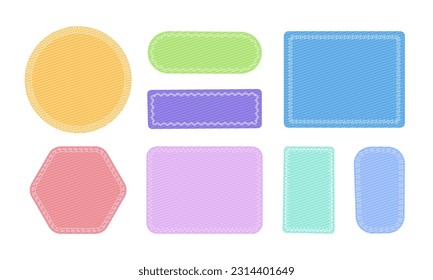 Cloth patches with stitches. Different color fabric badge, textile label with sew seams. Patchwork. Canvas shapes on white background. Vector set. Needlework craft on fabric of various shape