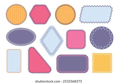 Parches de tela con puntos de sutura. Insignias de costura cuadradas y redondas, Elementos textiles de costura y bordado con hilo. Conjunto aislado de Vector.