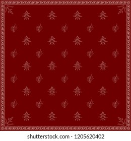Cloth pattern design of stitched flower patterns on a red cloth. 