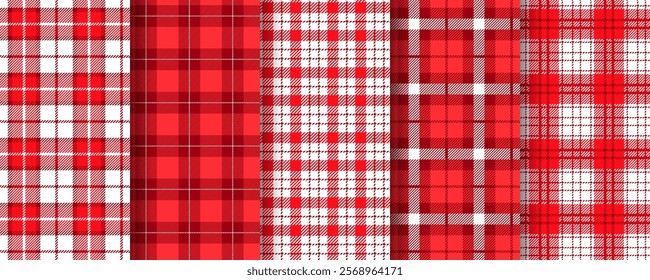 Cloth red background. Checkered seamless pattern. Tablecloth gingham prints. Set Vichy kitchen textures. Shirt lumberjack textile. Picnic plaid backdrops. Tartan wrap wallpaper. Vector illustration.