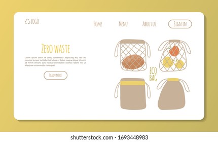 Cloth sacks and string bags. Apples and bread in bag. Zero waste banner, background for web site template. Waste reduce, zero waste, sustainable lifestyle concepts. Flat. Vector stock illustration.