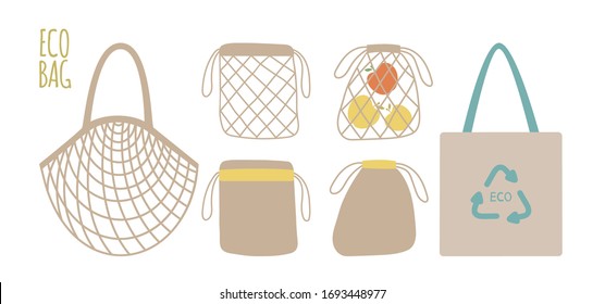 Sacos de tela y bolsas de cuerdas. Bolsa reutilizable. Menos plástico, cero residuos, eco-amigable, decir no a las bolsas plásticas, reducción de residuos, conceptos de estilo de vida sostenible. Diseño plano. Ilustración de material vectorial.