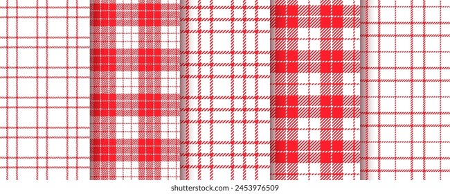 Cloth seamless background. Red cloth pattern. Set plaid tartan prints. Gingham table textile. Kitchen lumberjack tablecloth. Picnic napkin backdrops. Checkered buffalo textures. Vector illustration