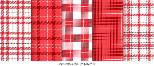 Cloth seamless background. Tablecloth red pattern. Vichy gingham prints. Set checkered kitchen texture. Picnic retro plaid backdrops. Lumberjack table textile. Tartan wallpapers. Vector illustration. 
