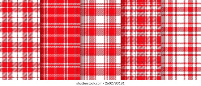 Cloth seamless pattern. Check red white backgrounds. Vichy textures. Set tartan checkered prints. Plaid tablecloth. Buffalo table cloth. Kitchen napkin backdrops. Gingham textile. Vector illustration