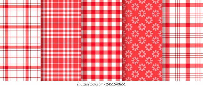 Cloth seamless pattern. Checkered background. Gingham plaid red texture. Retro picnic kitchen backdrop. Vichy table textile. Geometric tablecloth design. Set buffalo tartan prints. Vector illustration