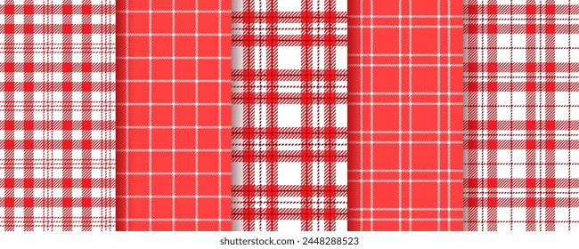 Nahtloses Muster aus Stoff. Tischdecke roter Hintergrund. Festlegen von Vichy Gingham-Texturen. Karierte Küchenabdrücke. Holzfäller-Tartan-Kulissen. Picknick retro gespielte Bildschirmhintergründe. Vektorillustration. Textil-Tisch.