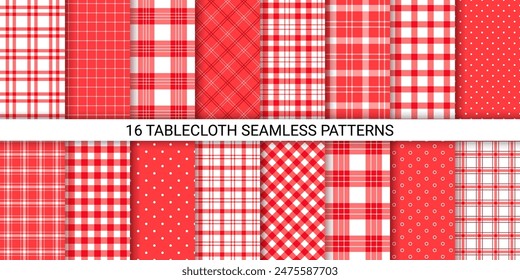 Cloth seamless pattern. Vichy background. Set red tablecloth. Checkered prints for table. Picnic kitchen textures. Gingham plaid textile. Retro tartan backdrops. Geometric design. Vector illustration