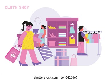 Cloth shop composition with text and doodle style human characters going shopping in fashion clothes store vector illustration