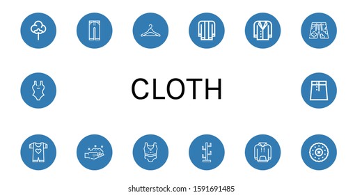 cloth simple icons set. Contains such icons as Textile, Trousers, Hanger, Jacket, Swimsuit, Baby clothes, Washing, Coat stand, Hoodie, Embroidery, can be used for web, mobile and logo