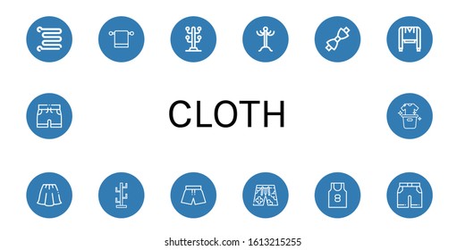 cloth simple icons set. Contains such icons as Towel rail, Towel hanger, Coat stand, Coat rack, Bow tie, Sweatshirt, Skirt, Swimsuit, Tank top, can be used for web, mobile and logo