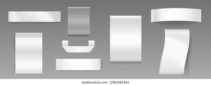 Cloth tags and loops set isolated on transparent background. Vector realistic illustration of blank rectangular fabric label mockups with stitches, piece of cotton for size, material, wash information