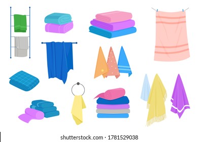 Cloth towel for bath, hygiene. Fabric towels set. Bathroom natural textile cartoon vector illustration set.