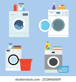 Cloth washing machine and laundry vector icon set.