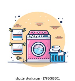 Ilustración de vectores de toallas y lavadora de ropa. Decoración De Baño, Ropa, Pato. Estilo de caricatura plana adecuado para adhesivos, fondos de escritorio, iconos, etc.