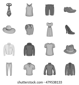 Clothe icons set in black monochrome style. Elegance clothing set collection vector illustration