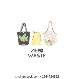 Clothe or string bag instead of plastic. Zero waste lifestyle. Eco friendly. Save planet. Care of nature. Vegan. Go green. Refuse, reduce, reuse, recycle, rot. Wasteless technology. Vector, eps10