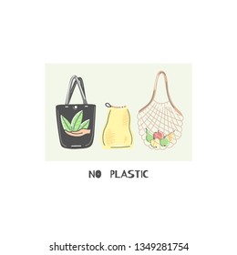 Clothe or string bag instead of plastic. Zero waste lifestyle. Eco friendly. Save planet. Care of nature. Vegan. Go green. Refuse, reduce, reuse, recycle, rot. Wasteless technology. Vector, eps10
