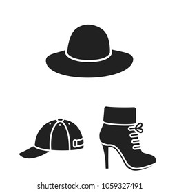 Clothes and accessories black icons in set collection for design. Shoes and decoration vector symbol stock web illustration.