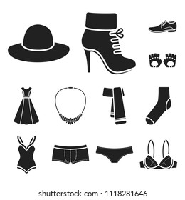 Clothes and accessories black icons in set collection for design. Shoes and decoration vector symbol stock web illustration.