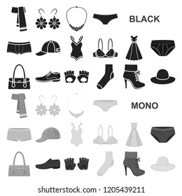 Clothes and accessories black icons in set collection for design. Shoes and decoration vector symbol stock web illustration.