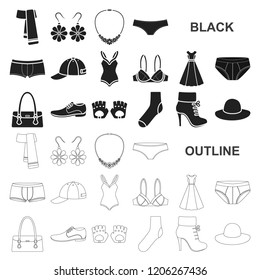 Clothes and accessories black icons in set collection for design. Shoes and decoration vector symbol stock web illustration.