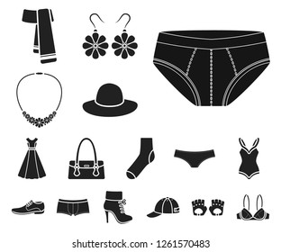 Clothes and accessories black icons in set collection for design. Shoes and decoration vector symbol stock web illustration.