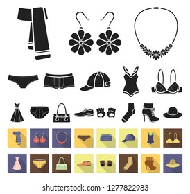 Clothes and accessories black,flat icons in set collection for design. Shoes and decoration vector symbol stock web illustration.